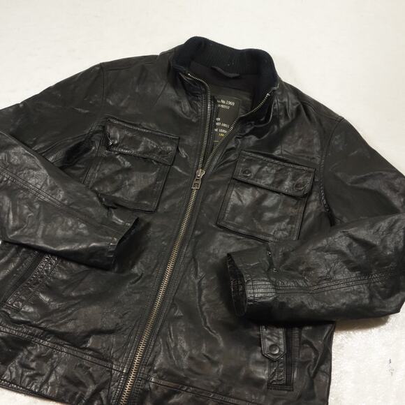 Vintage GAP Leather Jacket Mens Large Black Biker Full Zip Moto Bomber